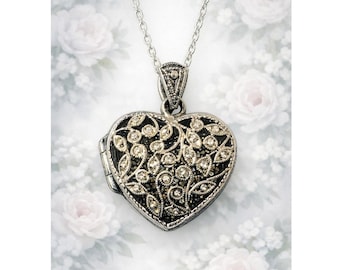 925 Sterling Silver Puffy Heart Locket Necklace Ornate Filigree 18 Inch Chain