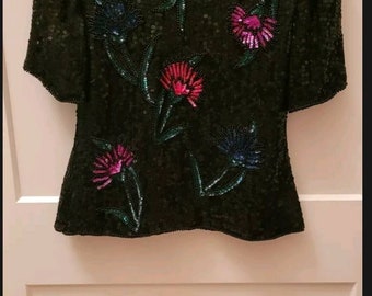 Vintage Stenay Black Silk Beaded Sequined Top Size Small