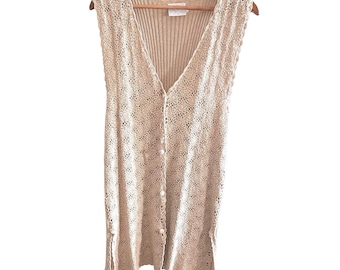 Chaleco cárdigan de punto de ganchillo vintage Pierre Cardin, de algodón con botones, talla L, color beige.