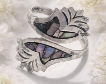 Anillo ajustable tipo bypass de plata esterlina vintage con hoja de abulón, talla 6