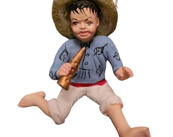 Rare VTG  Folk Art Christmas Tree Ornament Boy With Horn 3 inches