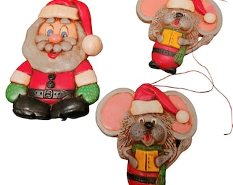 VTG Handmade Clay Christmas Tree Ornaments Santa Mouse Santa