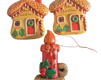 VTG 3 Handmade Painted Clay Christmas Tree Ornaments Gingerbread Houses Candle