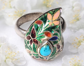 Anillo de plata de ley con lágrima turquesa y esmalte cloisonné multicolor floral 5.5
