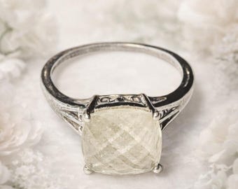 925 Sterling Silver Faceted Light Green Cushion Cut Gemstone Ring Size 8