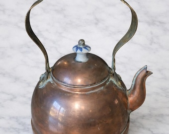 Vintage Copper Teapot with Blue Floral Ceramic Handle and Lid