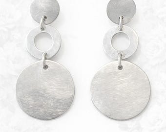 Sterling Silver Sezgin Earrings 2 inch Modern Geometric Dangle Drop Disc Ring