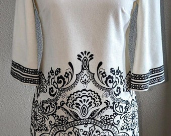 Vintage Donna Morgan White and Black Floral Sheath 3/4 Sleeve Zip Back Sz 2