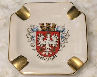 Frankfurt Coat of Arms Ceramic Ashtray, Gold‑Trim Corners 3 × 3  Porcelain