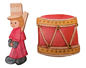 VTG 1976 Par de adornos de árbol de Navidad de arcilla hechos a mano Drum Drummer Boy
