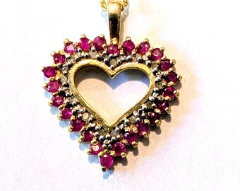 Sterling Silver 925 PAS Heart Pendant Necklace Red Stones Gold Tone 18 Inch
