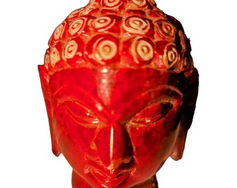 Painted Stone Small Buddha Head Decor Red Cream Heavy 3 inches Tall