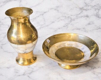 Vintage Brass Vase and Bowl Set with Mother-of-Pearl Inlay, Polished Gold Finish