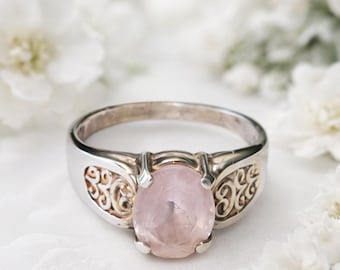 925 Sterling Silver Filigree Ring Light Pink Rose Quartz Size 6.5 Vintage