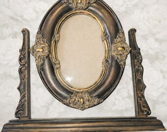 Vintage Brown and Gold Baroque Oval Tabletop Swivel Frame Ornate Victorian Style