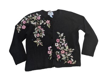 Y2K Tiara International Black Floral Embroidered Knit Cardigan XL Beaded VTG