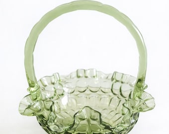 Cestino vintage Fenton in vetro artistico con bordo ondulato e impronta digitale, colore verde.