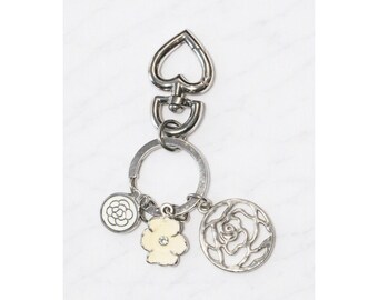 Camellia Flowers Silver Tone Floral Bag Charm Key Chain with Heart Clasp