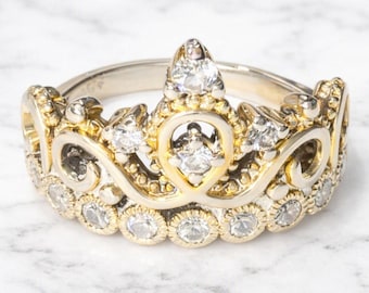 925 Sterling Silver Princess Crown Ring Size 4.5 Gold Tone Faux Diamond Vintage