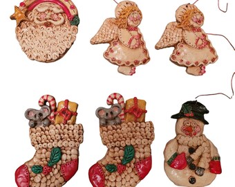 VTG Conjunto de 6 adornos hechos a mano Angel Santa Stocking Muñeco de nieve