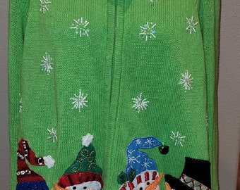VTG Beaded Ugly Christmas Sweater Snowman  Snowflake Green Full Zip Size L