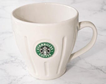 Starbucks 2003 Ribbed Barista Logo Mug 16 oz White Ceramic Coffee Cup
