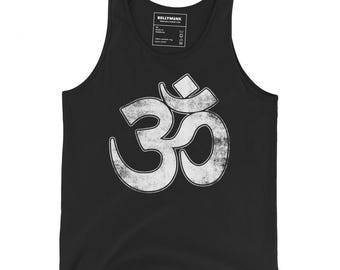 May include: Black tank top with a distressed white Om symbol graphic. The tank top has a scoop neck and is made of a soft material. The tag in the upper left corner reads "Bellymink".
