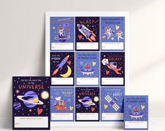 San Valentín espacial, San Valentín de clase, Día de San Valentín, San Valentín imprimible, Tarjetas de San Valentín con temática espacial, Descarga de San Valentín,