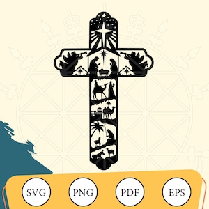 Scena Narodzenia Krzyż, Święta Noc, Glowforge, Jezus Boże Narodzenie, Chrześcijański, Eps Png Pdf Svg, Wektor, Pobieranie cyfrowe, Cricut, Sihouette