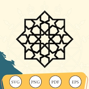 May include: Black geometric star design with intricate patterns, set against a cream background with subtle decorative elements. The design is accompanied by the file type icons: SVG, PNG, PDF, and EPS.