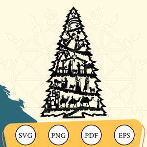 Drzewo szopki, Święta noc, Glowforge, Jezus Boże Narodzenie, Chrześcijański, Eps Png Pdf Svg, Wektor, Pobieranie cyfrowe, Cricut, Sihouette