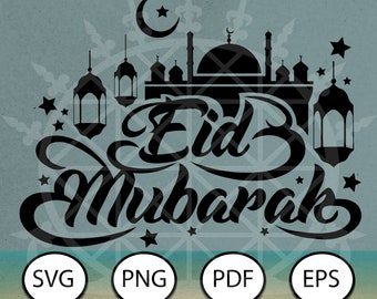 Eid Mubarak Ramadan Kareem Décoré Écriture SVG Vecteur Cricut Silhouette Pdf Png EPS Impression par sublimation Téléchargement numérique