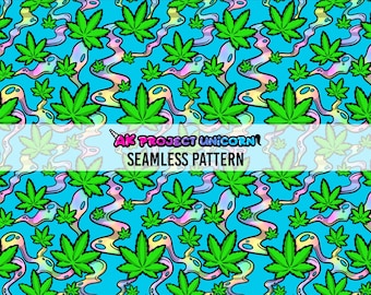 Diseño de patrón sin costuras con hojas de marihuana y humo de arcoíris sobre fondo azul claro / Patrones de superficie, Patrones repetidos