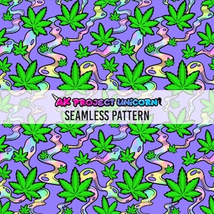 Könnte beinhalten: Ein nahtloses Muster mit grünen Marihuana-Blättern auf einem violetten Hintergrund mit regenbogenfarbenen Wirbeln. Der Text "AK Project Unicorn Seamless Pattern" befindet sich oben im Bild.