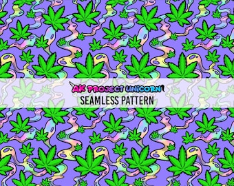 Diseño de patrón sin costuras con hojas de marihuana y humo de arcoíris sobre fondo morado / Patrones de superficie, Patrones repetidos