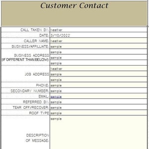 Puede incluir: Un formulario de contacto de cliente con fondo beige y texto negro. El t&iacute;tulo "Customer Contact" est&aacute; en la parte superior. El formulario incluye campos para la informaci&oacute;n del llamante, la fecha y una secci&oacute;n para la descripci&oacute;n del mensaje.