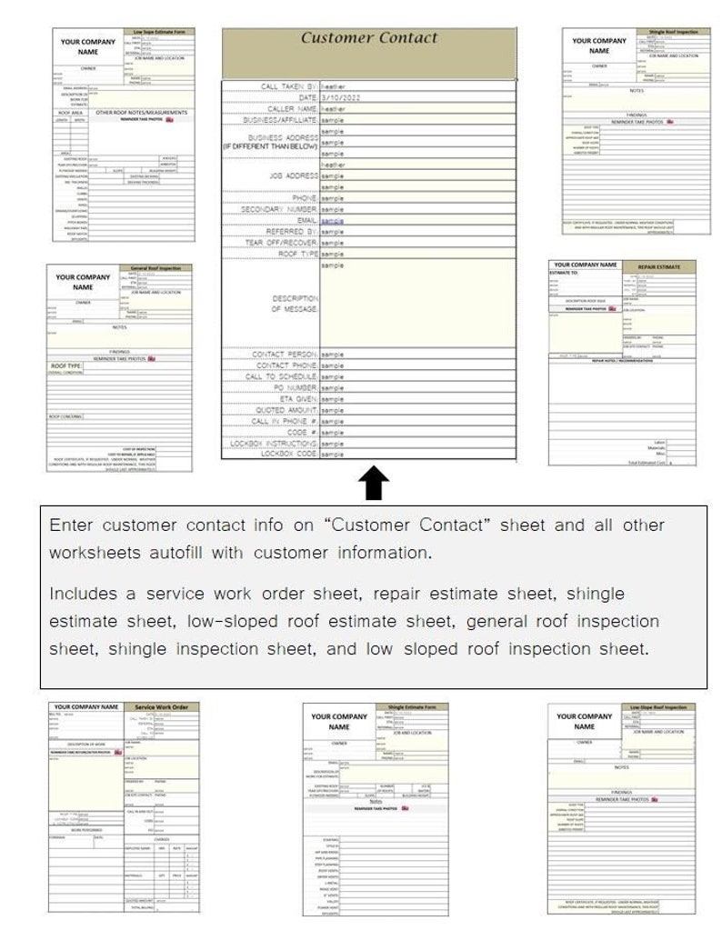 Puede incluir: Un conjunto de formularios de servicios de techado, que incluyen una hoja de contacto del cliente, una estimaci&oacute;n de reparaci&oacute;n y hojas de inspecci&oacute;n. Los formularios son blancos con texto negro e incluyen campos para el nombre de la empresa, la informaci&oacute;n de contacto y los detalles del trabajo.