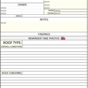 Puede incluir: Un formulario de inspecci&oacute;n general de tejados con campos para el nombre de la empresa, la fecha y los detalles del trabajo. Incluye secciones para la informaci&oacute;n del propietario, notas, hallazgos y problemas del tejado. Tambi&eacute;n hay un recordatorio para tomar fotos.