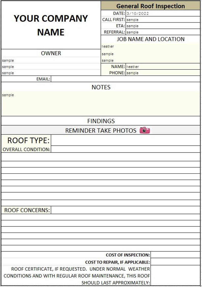 Puede incluir: Un formulario de inspecci&oacute;n general de tejados con campos para el nombre de la empresa, la fecha y los detalles del trabajo. Incluye secciones para la informaci&oacute;n del propietario, notas, hallazgos y problemas del tejado. Tambi&eacute;n hay un recordatorio para tomar fotos.