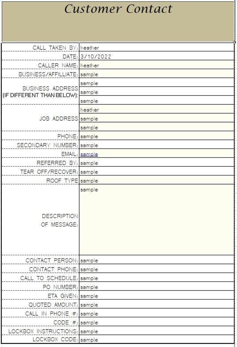 Puede incluir: Un formulario de contacto de cliente con fondo beige y texto negro. El t&iacute;tulo "Customer Contact" est&aacute; en la parte superior. El formulario incluye campos para la informaci&oacute;n del llamante, la fecha y una secci&oacute;n para la descripci&oacute;n del mensaje.