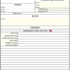 Puede incluir: Un formulario de inspecci&oacute;n de tejado de tejas con campos para el nombre de la empresa, los datos del propietario y los resultados de la inspecci&oacute;n. Incluye secciones para el tipo de tejado, el estado, la edad y el amianto. La fecha es 10/03/2022.