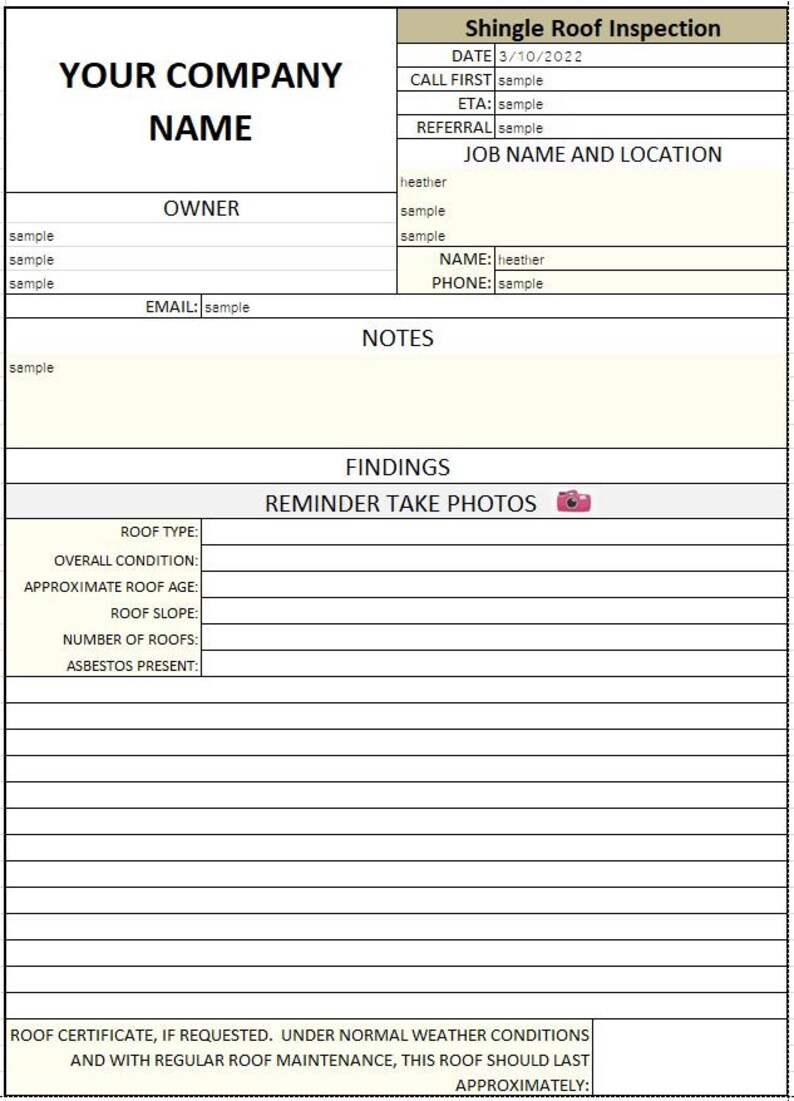 Puede incluir: Un formulario de inspecci&oacute;n de tejado de tejas con campos para el nombre de la empresa, los datos del propietario y los resultados de la inspecci&oacute;n. Incluye secciones para el tipo de tejado, el estado, la edad y el amianto. La fecha es 10/03/2022.