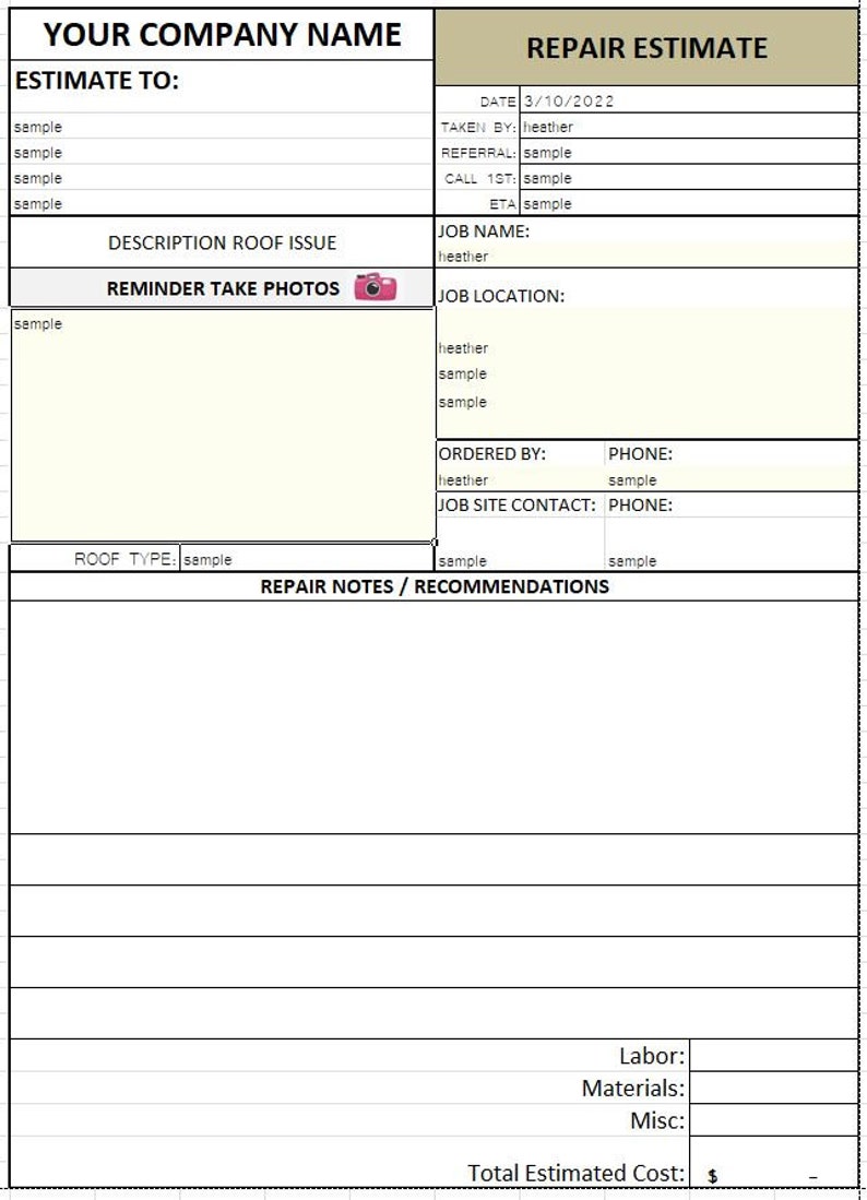 Puede incluir: Un formulario de presupuesto de reparaci&oacute;n con el nombre de la empresa en la parte superior. El formulario incluye campos para los detalles del presupuesto, la informaci&oacute;n del trabajo y las notas de reparaci&oacute;n. La fecha es 10/03/2022. Hay un recordatorio para tomar fotos.