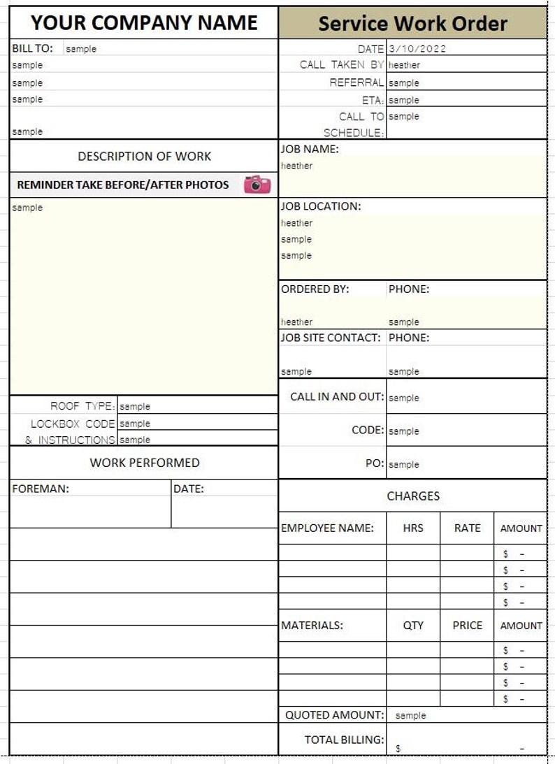 Puede incluir: Un formulario de orden de trabajo de servicio con campos para informaci&oacute;n de la empresa, detalles del trabajo y facturaci&oacute;n. Incluye secciones para informaci&oacute;n del cliente, descripci&oacute;n del trabajo y cargos. La fecha es 10/3/2022.