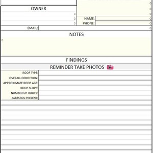 Puede incluir: Un formulario de inspecci&oacute;n de tejado de baja pendiente en blanco y negro. El formulario incluye campos para el nombre de la empresa, el propietario, el correo electr&oacute;nico, la fecha, el nombre del trabajo y los hallazgos. Tambi&eacute;n tiene secciones para el tipo, la condici&oacute;n, la edad, la pendiente y la presencia de amianto.