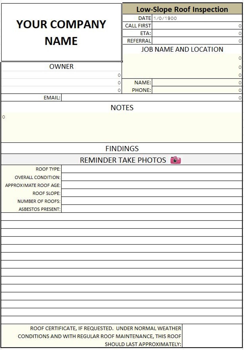 Puede incluir: Un formulario de inspecci&oacute;n de tejado de baja pendiente en blanco y negro. El formulario incluye campos para el nombre de la empresa, el propietario, el correo electr&oacute;nico, la fecha, el nombre del trabajo y los hallazgos. Tambi&eacute;n tiene secciones para el tipo, la condici&oacute;n, la edad, la pendiente y la presencia de amianto.