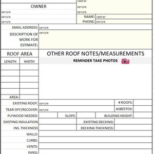 Puede incluir: Un formulario de presupuesto de techado titulado "Low Sope Estimate Form" con campos para el nombre de la empresa, la fecha y los detalles del trabajo. Incluye secciones para el &aacute;rea del techo, notas y medidas. El formulario es blanco con texto negro.
