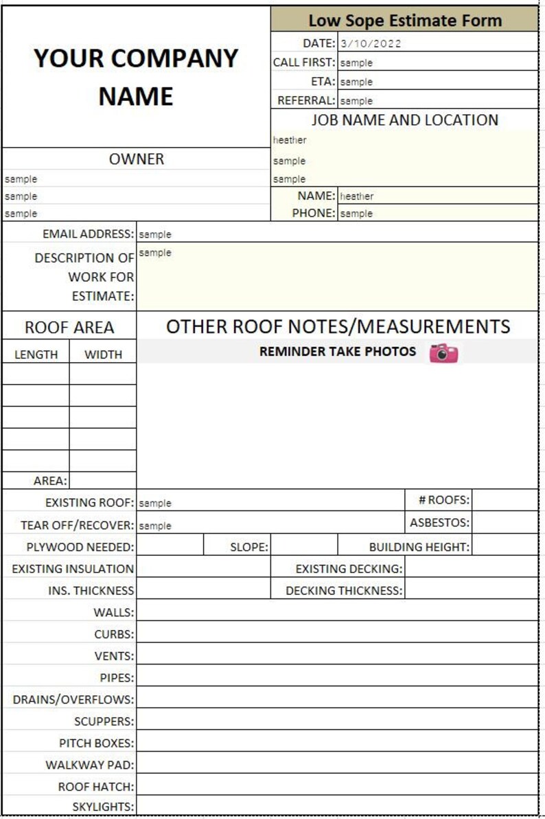 Puede incluir: Un formulario de presupuesto de techado titulado "Low Sope Estimate Form" con campos para el nombre de la empresa, la fecha y los detalles del trabajo. Incluye secciones para el &aacute;rea del techo, notas y medidas. El formulario es blanco con texto negro.