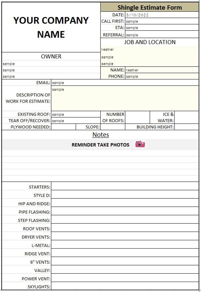 Puede incluir: Un formulario de estimaci&oacute;n de tejas blanco y negro con el texto "YOUR COMPANY NAME" en la parte superior. El formulario incluye campos para la fecha, el propietario, la ubicaci&oacute;n del trabajo y una secci&oacute;n para notas. La fecha en el formulario es 10/03/2022.