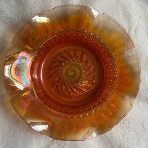 VTG Imperial Carnival Glass Flute & Cane Ruffled Rim Marigold Iridescent Bowl